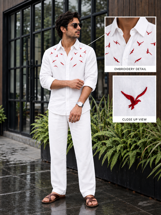Rich Rover Daily wear Embroidery White Linen Men's Co-ord Set
