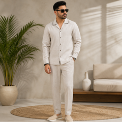 Men's Premium Ecru Linen Blend Relaxed Fit Co-ord Set
