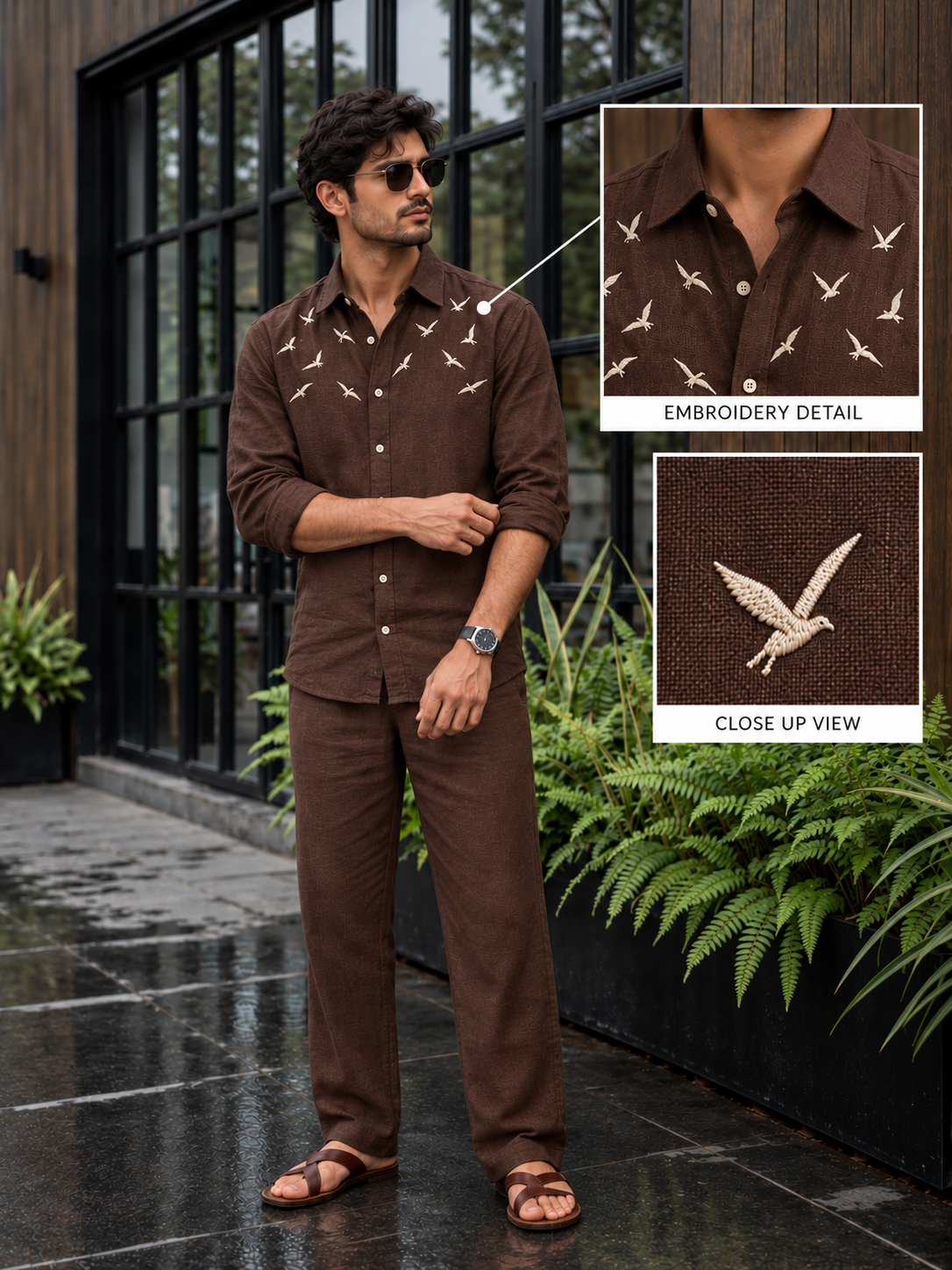 Rich Rover Daily wear Embroidery Brown Linen Men's Co-ord Set