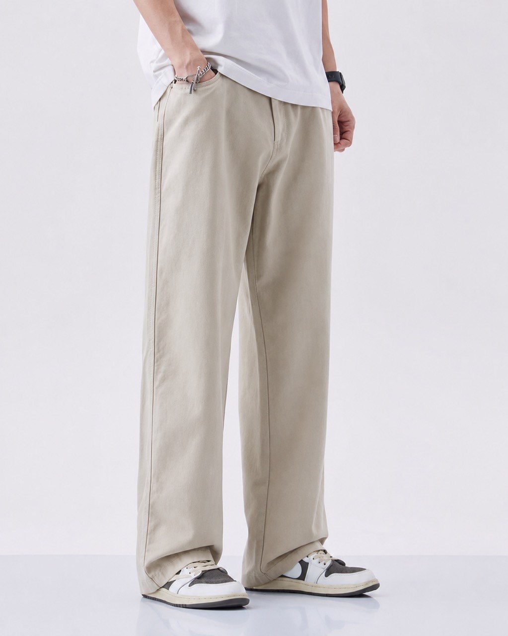 Men's Oversized Relaxed Fit Beige Casual Trousers