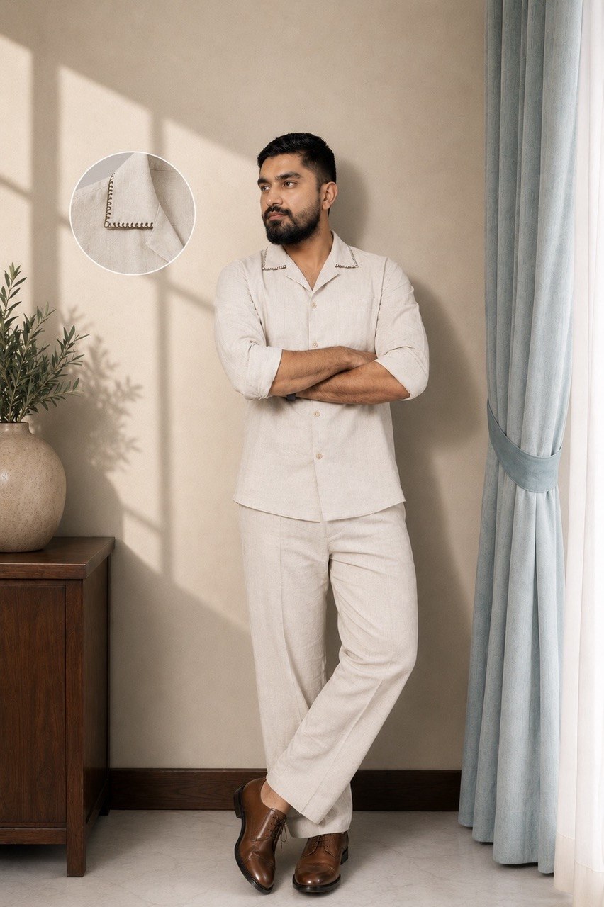 Men's Cuban Collar Cotton Relaxed Fit Co-ord Set